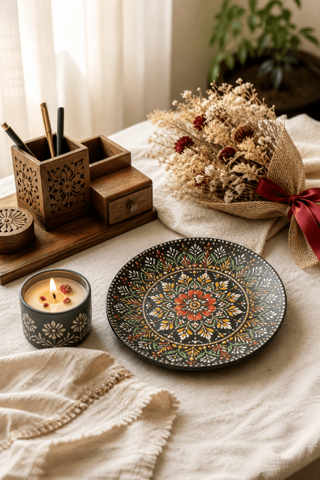 Handcrafted Ayari décor — mandala plate, candles, and artisan gifts