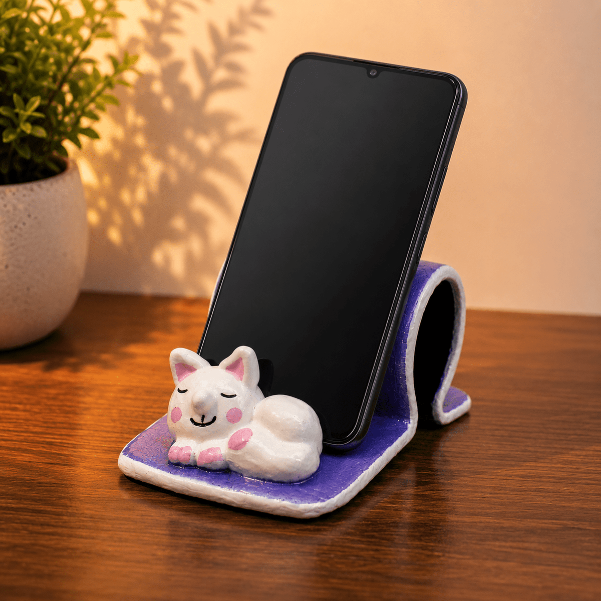 Cute Cat Phone Stand Holder for Mobile Phones | Handmade Ceramic Mobile Holder for Desk | Smartphone Stand for Video Watching, Online Classes, Office Desk Decor & Gift Item (Set of 1) — view 1 of 5