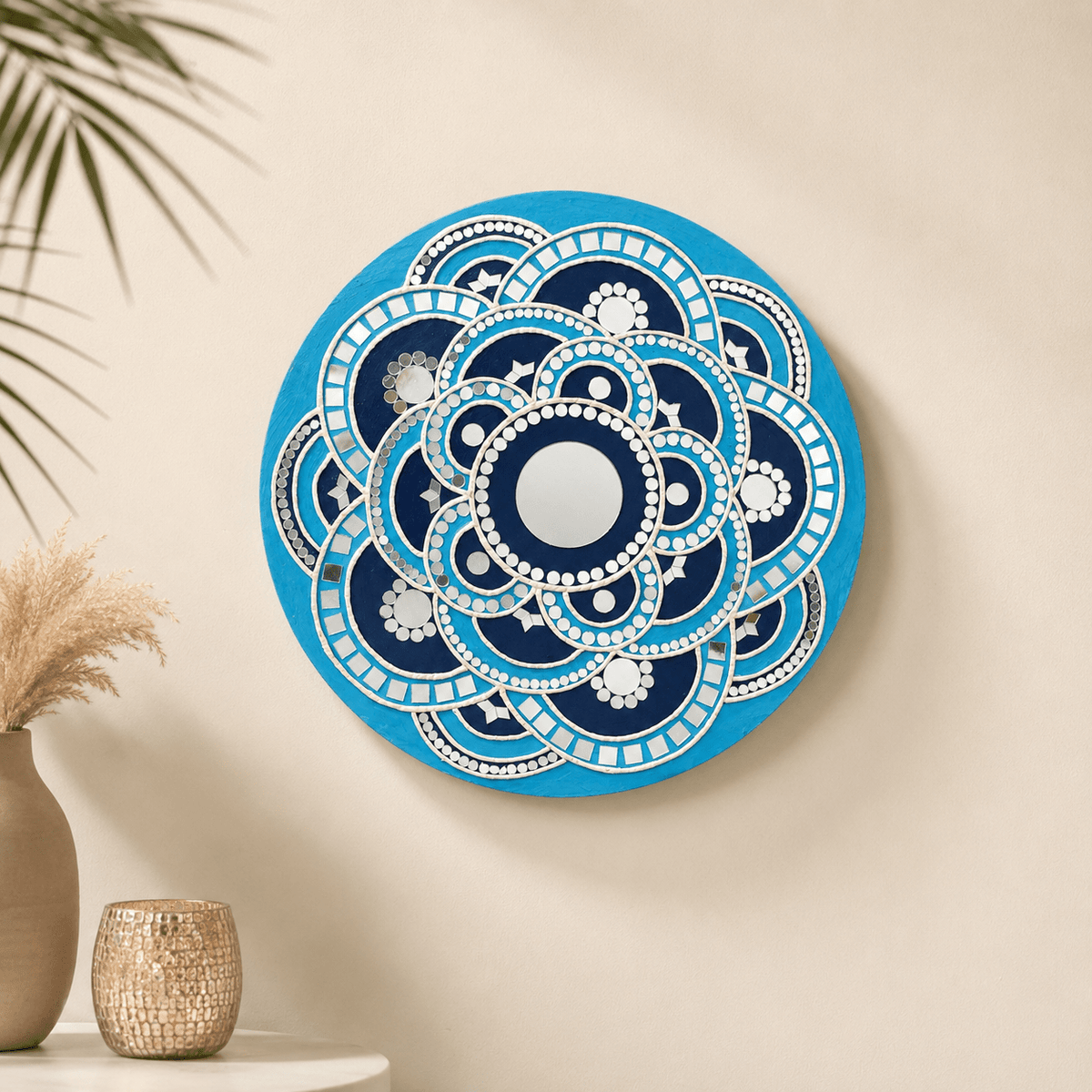 Blue Mandala Mosaic Wall Mirror for Living Room Bedroom Decorative Round Wall Hanging Mirror — view 1 of 6