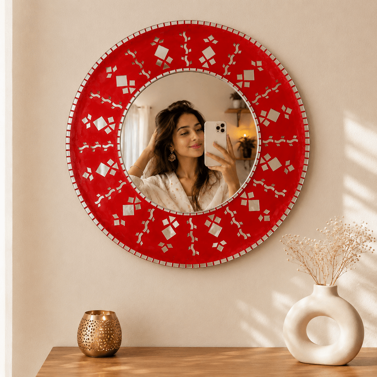 Round Decorative Wall Mirror with Red Mosaic Frame | Handcrafted Ethnic Wall Mirror for Living Room, Bedroom, Bathroom & Entryway | Traditional Indian Home Decor Mirror (18 x 18 Inches) — view 1 of 8
