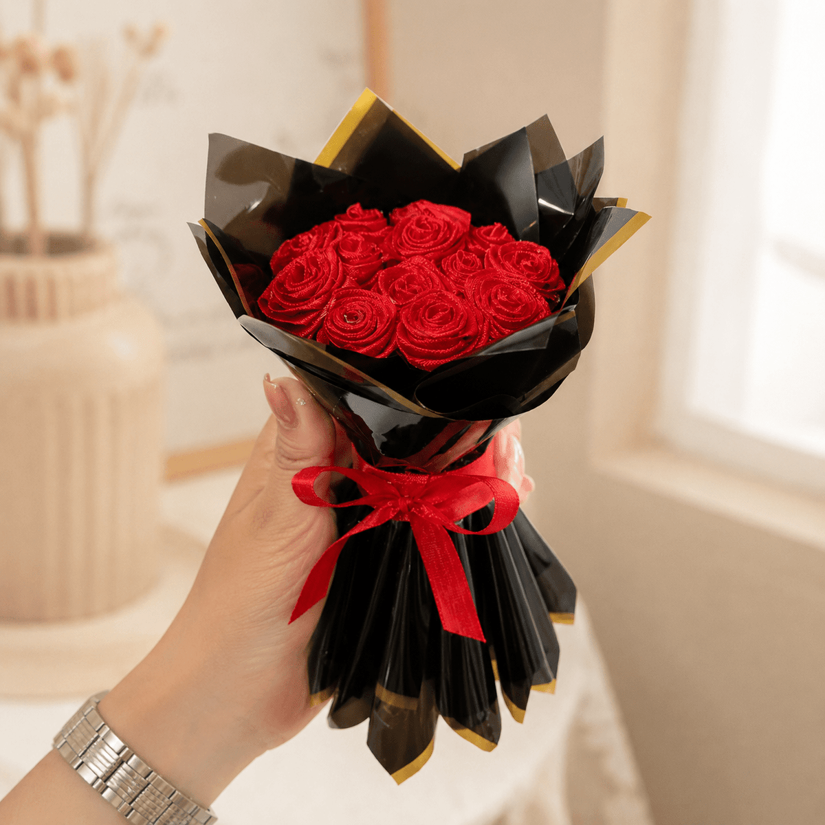 Rose Bouquet Handmade Paper Flower Decoration for Home | Aesthetic Floral Gift for Women Romantic Anniversary Birthday Valentine Decor Mini Bouquet Table Showpiece (Red) — view 1 of 5