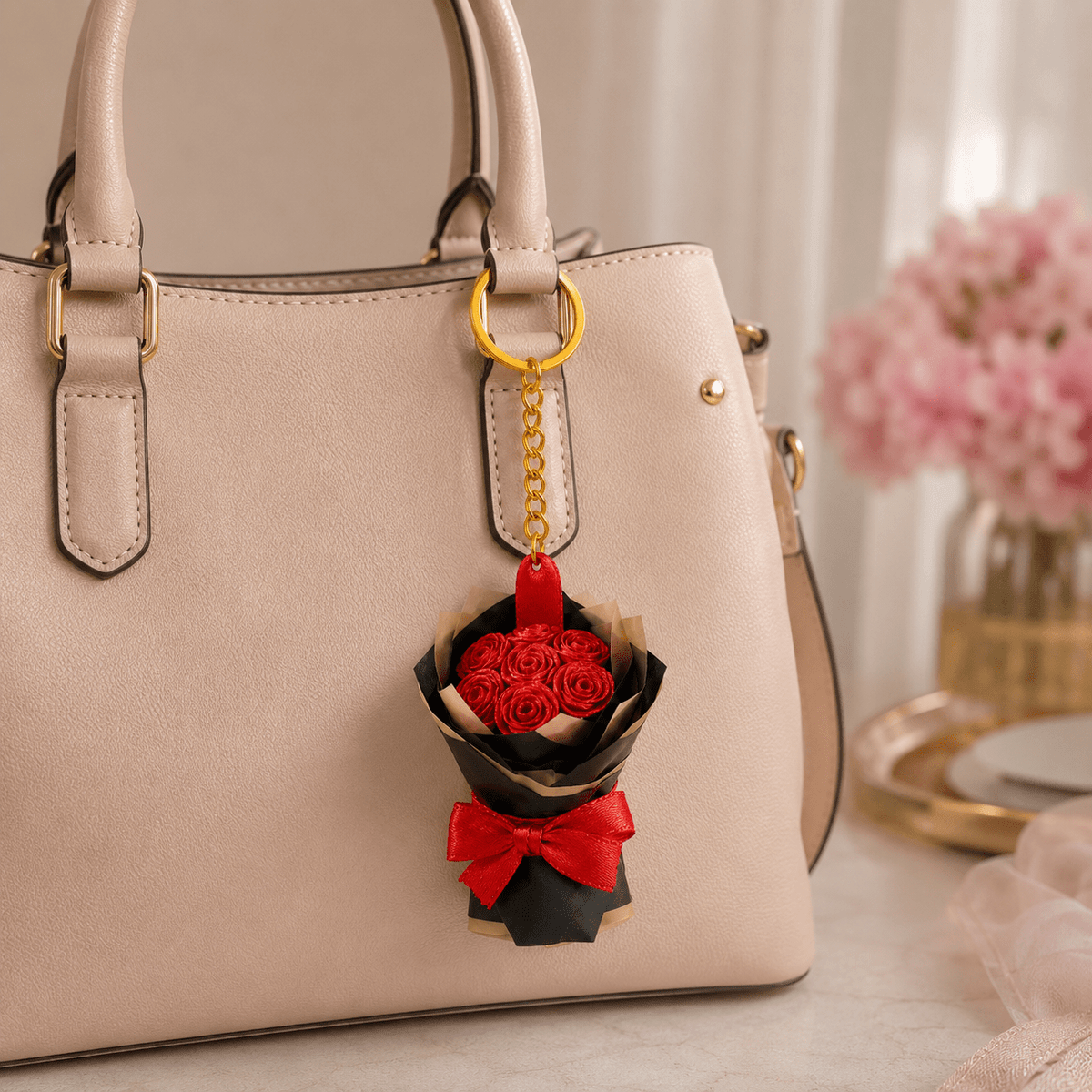 Rose Bouquet Keychain Handmade Paper Flower Keyring for Girls Women | Aesthetic Cute Floral Bag Charm Car Key Holder Romantic Gift for Birthday Anniversary Valentine — view 1 of 5