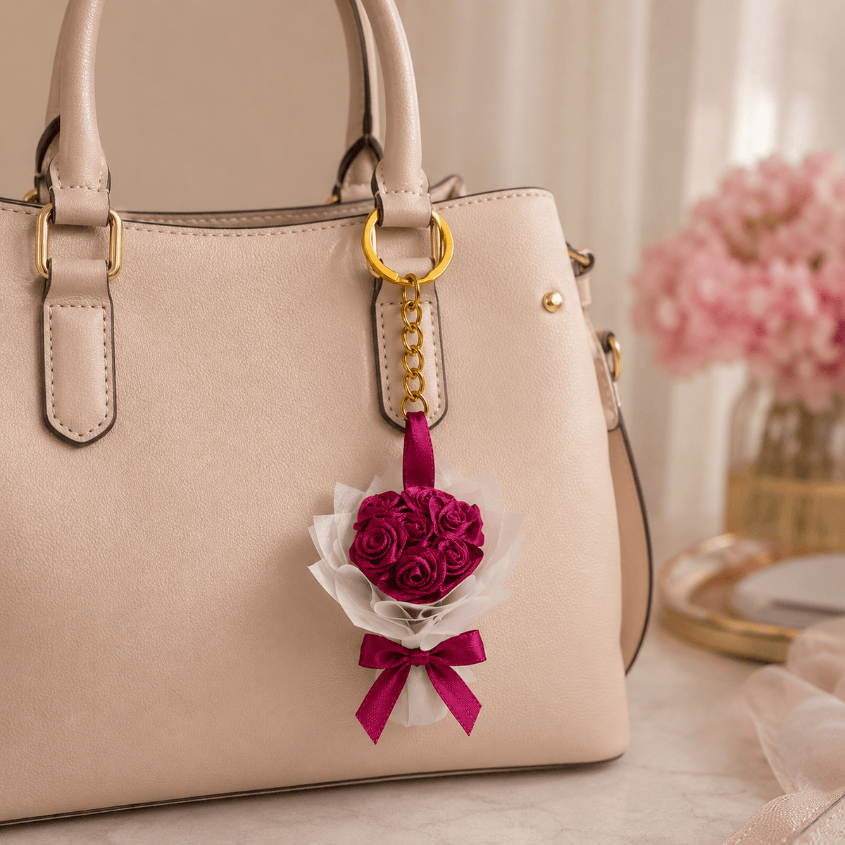 Rose Bouquet Keychain Handmade Paper Flower Keyring for Girls Women | Aesthetic Cute Floral Bag Charm Car Key Holder Romantic Gift for Birthday Anniversary Valentine — view 1 of 5