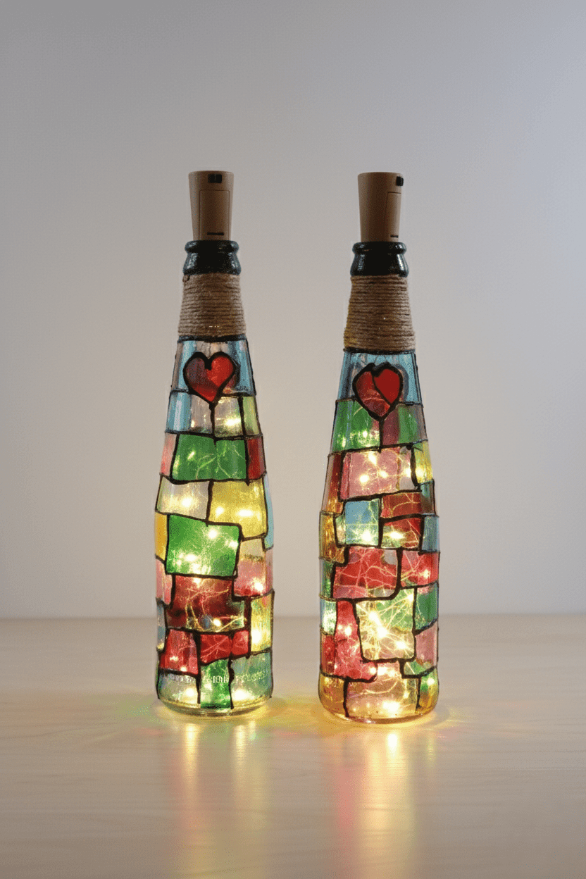 Handcrafted Mosaic Decorative Bottle Lamps with LED Fairy Lights | Heart Design Stained Glass Art for Home Décor, Gifting & Ambient Lighting | Set of 2 — view 1 of 5