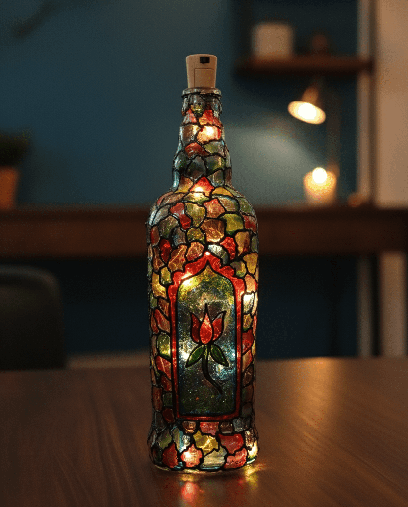 Handcrafted Stained Glass Decorative Bottle Light, LED Wine Bottle Lamp, Mosaic Design (Set of 1) — view 1 of 5
