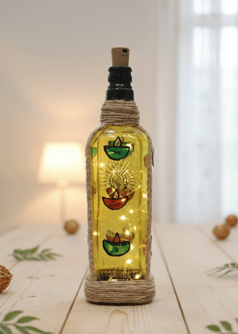 Handcrafted Decorative Bottle Lamp with LED Fairy Lights | Hand Painted Diya Art | Home Decoration & Gifting Item | Eco-Friendly Glass Bottle Night Lamp — view 1 of 5