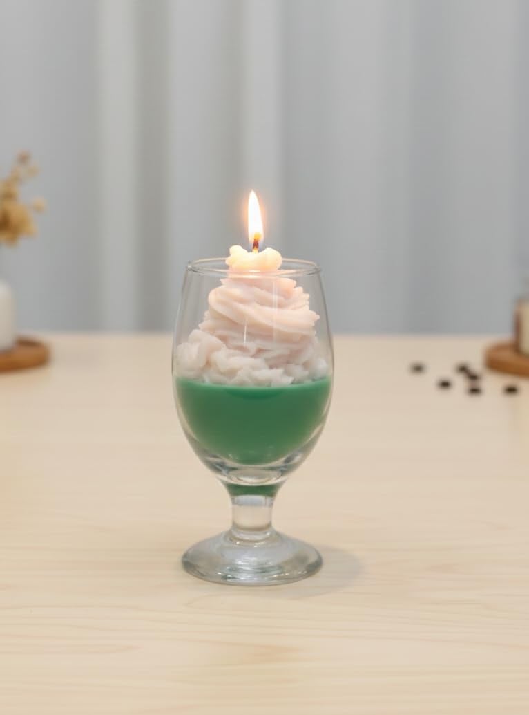 Decorative Wine Glass Candle, Green Wax with White Cream Topping, Elegant Home Decor, Scented Handmade Dessert Shaped Candle — view 1 of 4