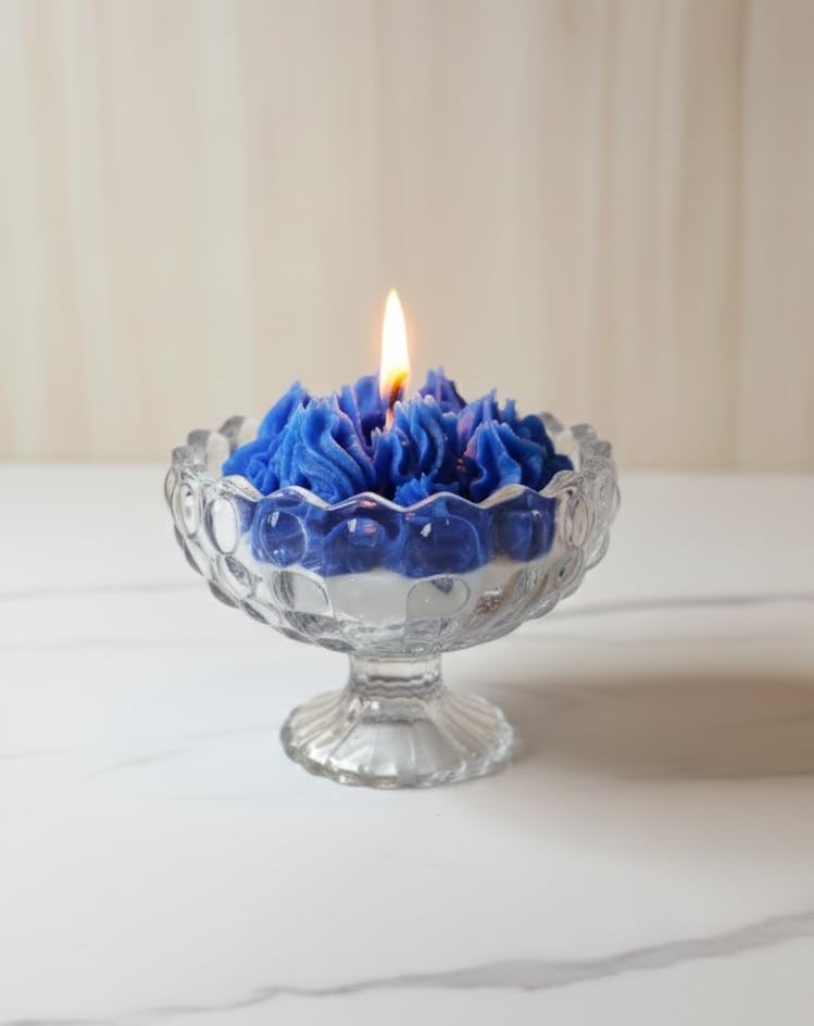 Decorative Blue Flower Candle in Crystal Glass Pedestal Bowl, Handmade Floating Lotus Shaped Wax, Home Decor, Meditation Centerpiece — view 1 of 4