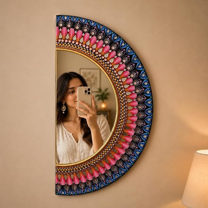 Decorative Half Moon Wall Mirror with Mosaic Border, Pink and Blue Crystal Design, Round Accent Mirror (21 * 11 INCH) — view 1 of 5