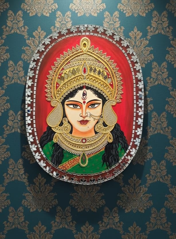 Handcrafted Durga Devi Wall Decor Plate, Traditional Indian Art, Round Mosaic Border, (20 * 15 inch) — view 1 of 3