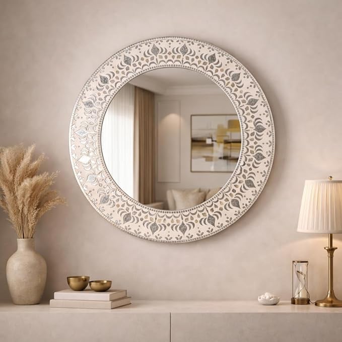 Decorative Round Wall Mirror with Ornate White Frame, Modern Design (24 * 24 Inch) — view 1 of 5