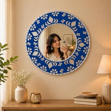 Round Decorative Wall Mirror with Blue Floral Design Traditional Indian Ethnic Home Decor Mirror for Living Room Bedroom Bathroom Hallway Wall Hanging (14 x x 14 Inches) — view 1 of 6