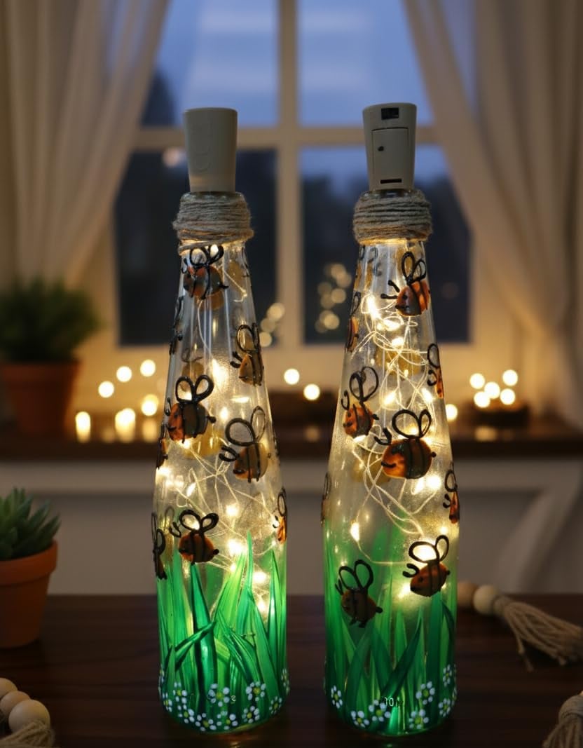 Decorative Glass Bottle Lights, LED String Light Inside, Hand-Painted Floral Design, Green Base, Set of 2 — view 1 of 4