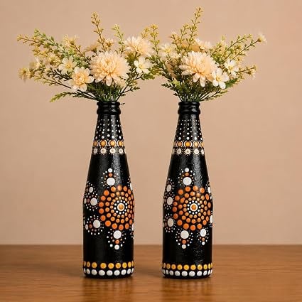 Hand Painted Decorative Glass Bottle | Mandala Dot Art Bottle | Home Decor Showpiece | Recycled Bottle Art for Living Room, Table, Cafe, Office | Black & Orange Design (Pack of 2) — view 1 of 6