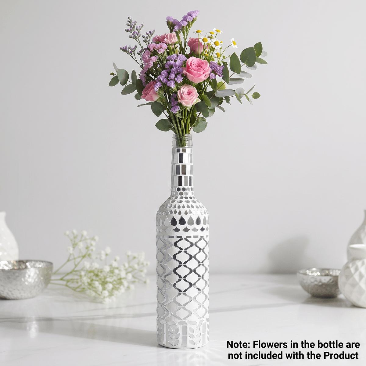 Handcrafted Silver Glass Decorative Bottle (13 x 2 Inch) | Mirror Work Flower Vase & Home Décor Accent for Living Room, Table, Festive & Gifting — view 1 of 5