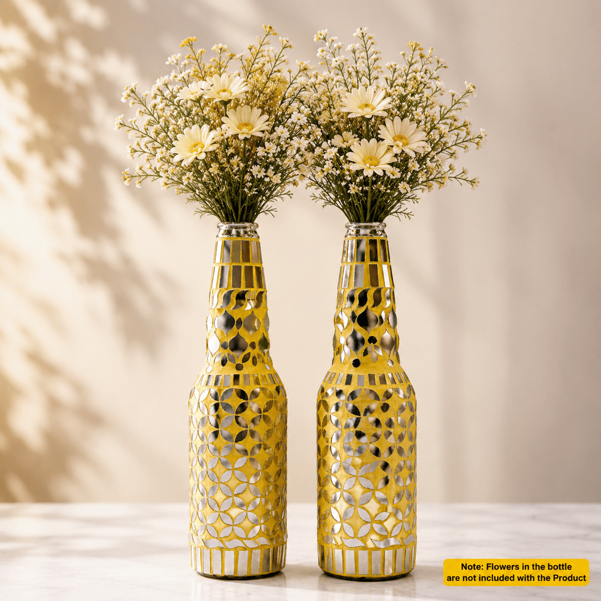 Handcrafted Golden Decorative Glass Bottle Vase Set for Home Decor | Metal Cutwork Bottle for Living Room Bedroom Table Decor | Flower Vase Showpiece Gift Item — view 1 of 6