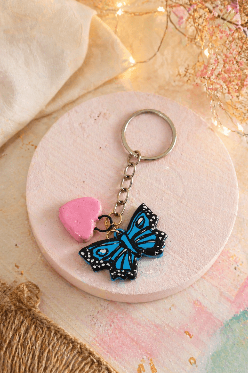 Cute Butterfly Heart Keychain Handmade Molded Clay Kawaii Keyring for Girls Women | Aesthetic Bag Charm Car Key Holder Cute Mini Gift for Birthday Anniversary Return Gift (Blue, Pack of 1) — view 1 of 5