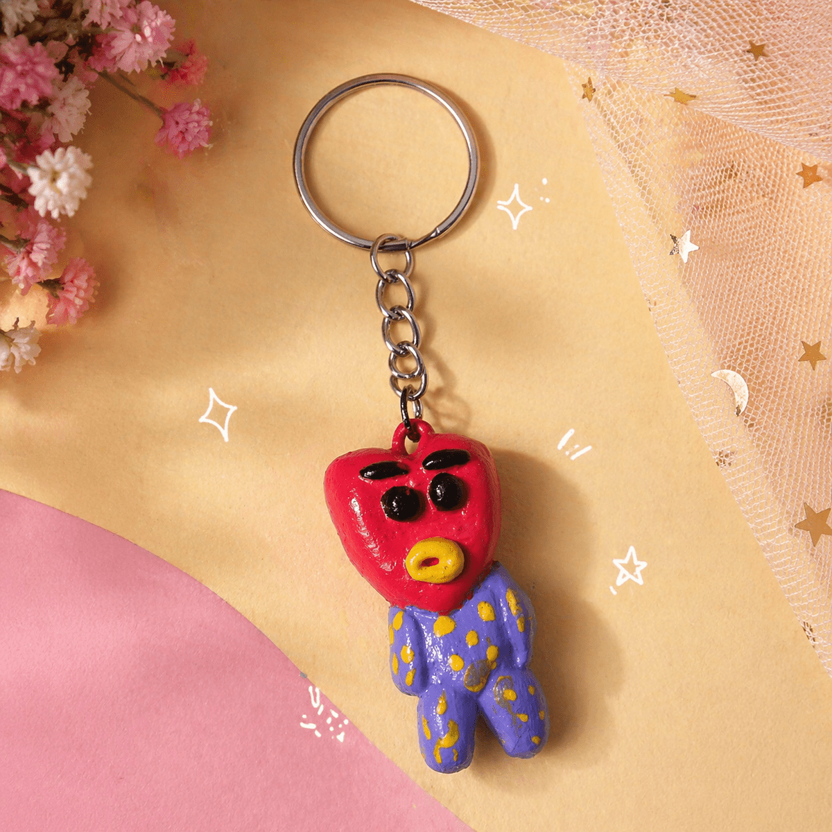 Cute Heart Cartoon Keychain Handmade Molded Clay Doll Keyring for Girls Boys | Aesthetic Kawaii Bag Charm Car Key Holder Cute Mini Toy Gift for Birthday Anniversary (Pack of 1) — view 1 of 5