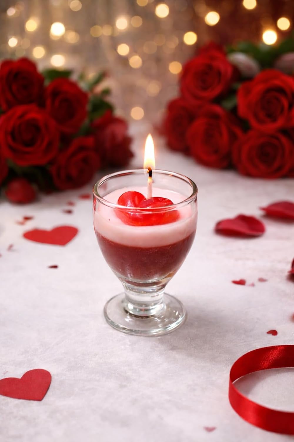 Layered Candle in Glass, Red and White, Rose Petal Decoration, Romantic Theme, Bokeh Lights Ambiance (Pack of 1) — view 1 of 5