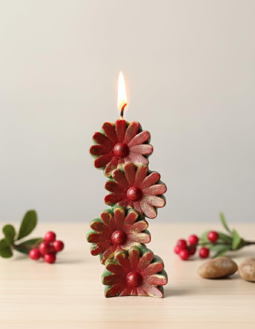 Handcrafted Red Daisy Flower Candle, Decorative Stacked Floral Design, Holiday Home Decor, Christmas Table Centerpiece (Red + Green) — view 1 of 4