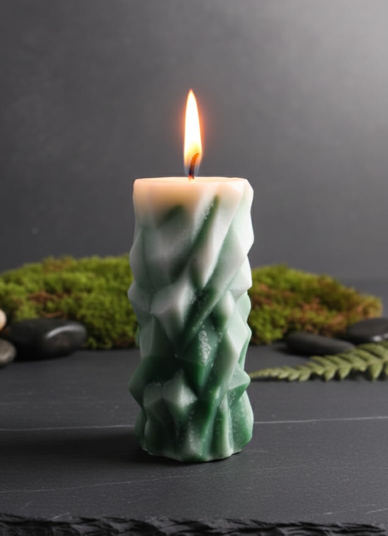 Handcrafted Geometric Pillar Candle | Decorative Wax Candle for Home Décor, Table Decoration, Meditation & Gifting | Modern Textured Design, Long-Lasting Burn (Green) — view 1 of 5