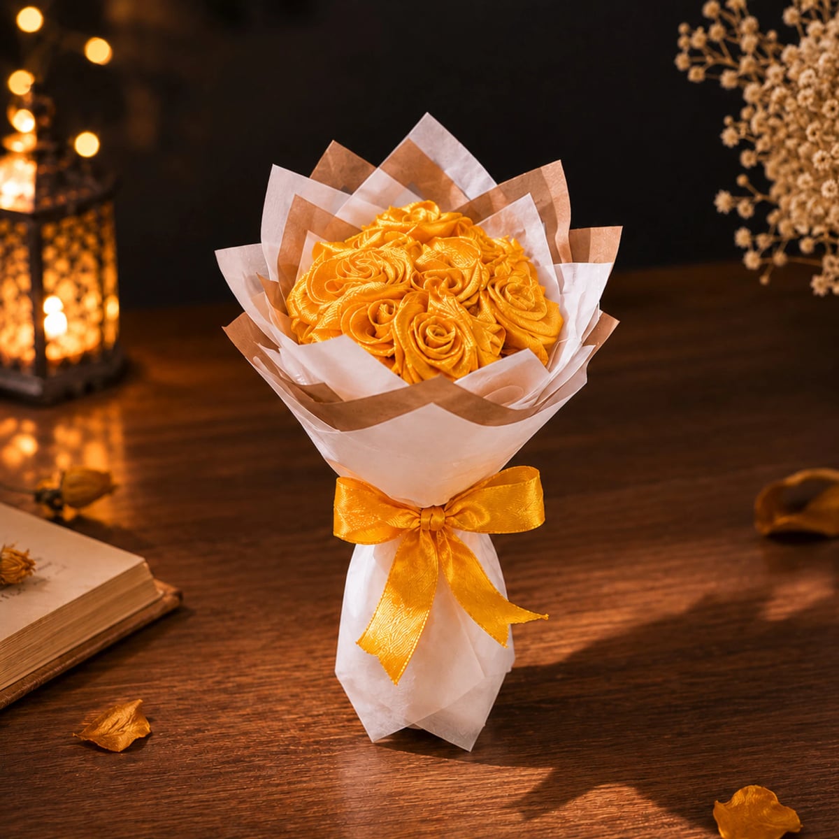 Rose Bouquet Handmade Paper Flower Decoration for Home | Aesthetic Floral Gift for Women Romantic Anniversary Birthday Valentine Decor Mini Bouquet Table Showpiece (Golden) — view 1 of 5